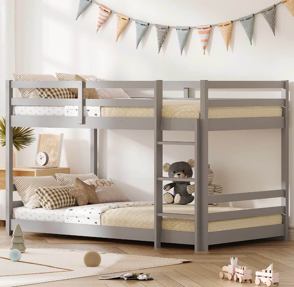 zimtown bunk bed twin over twin,kids low floor bunk bed with guard rails for children boys girls dormitory bedroom,no box spring needed,gray