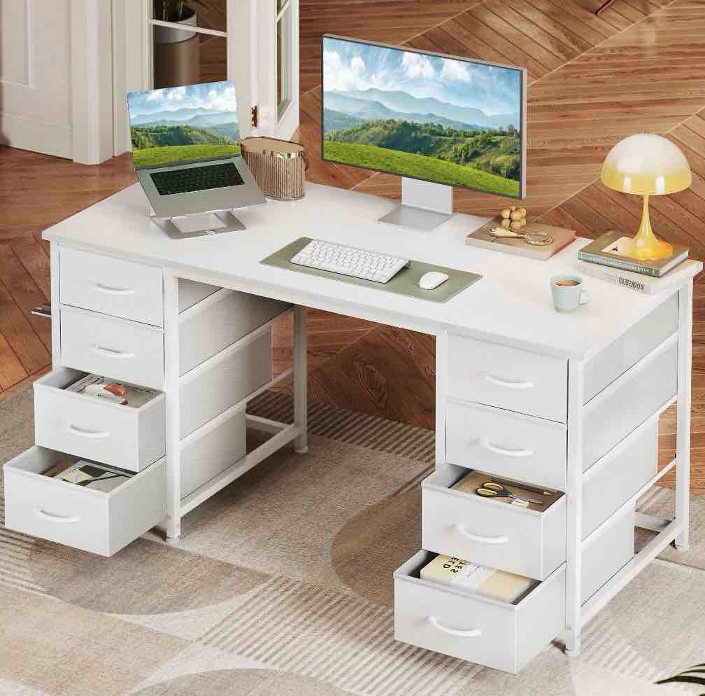 white computer desk with drawers for storage - 48 inch home office desk with 8 fabric drawers, writing study desk with drawers on both sides for bedroom