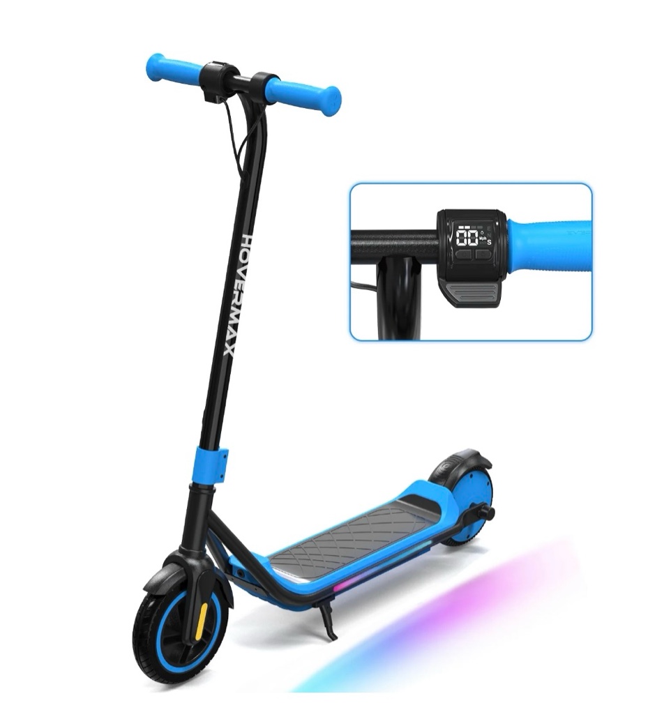 hovermax kids electric scooter - ages 6-12  10mph  9.3mi range w/ 7-color lights & 7  tires