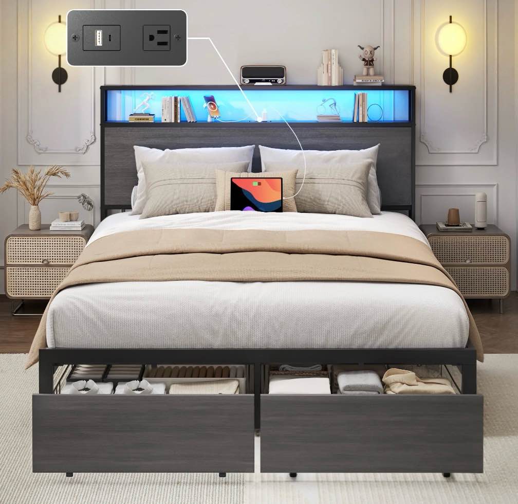full bed frame with headboard and storage, 2-tier storage headboard & foot-board drawers, rustic grey