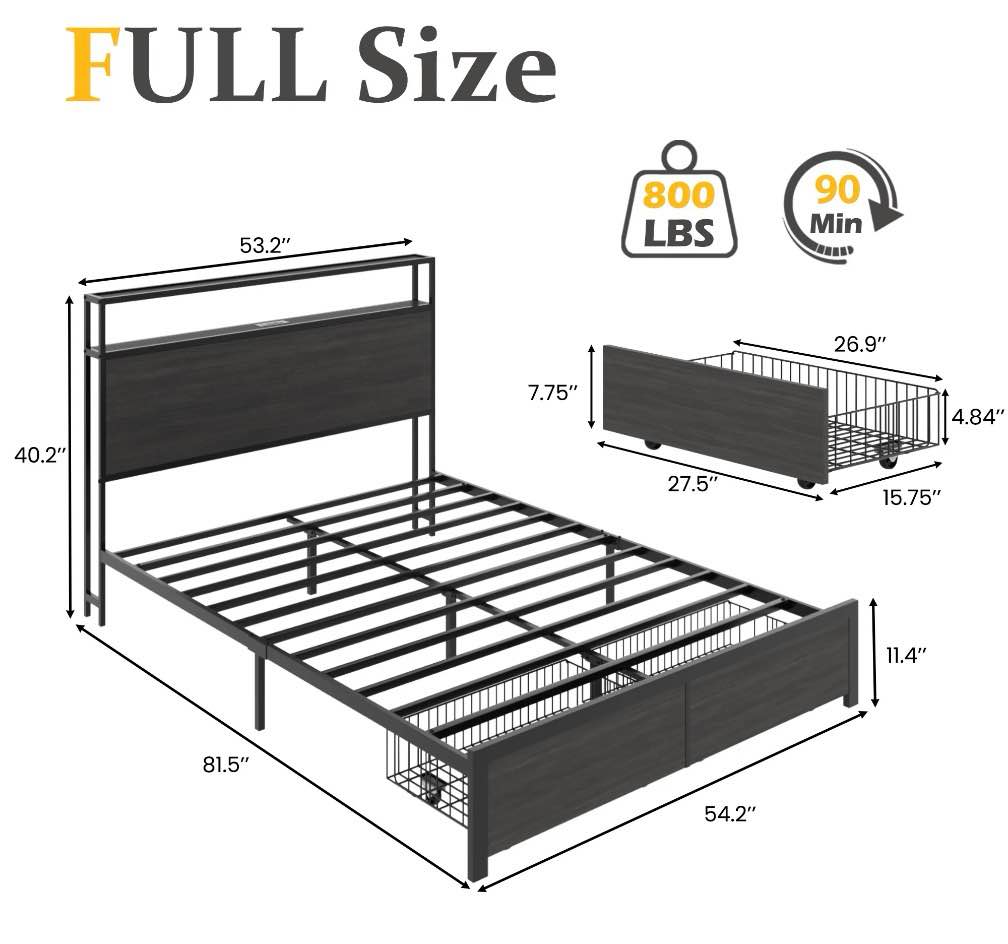 Condition photo showing New/Like New for full bed frame with headboard and storage, 2-tier storage headboard & foot-board drawers, rustic grey