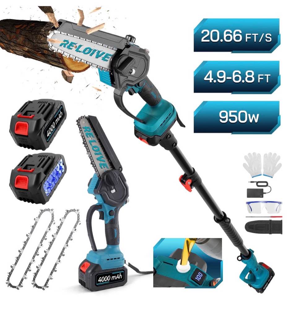 reloive 2-in-1 cordless pole saw & 6" mini chainsaw, 4.9-6.8ft telescoping branch cutter with 2pcs 4000mah batteries and a charger, brushless pole saw for tree trimming, wood cutting