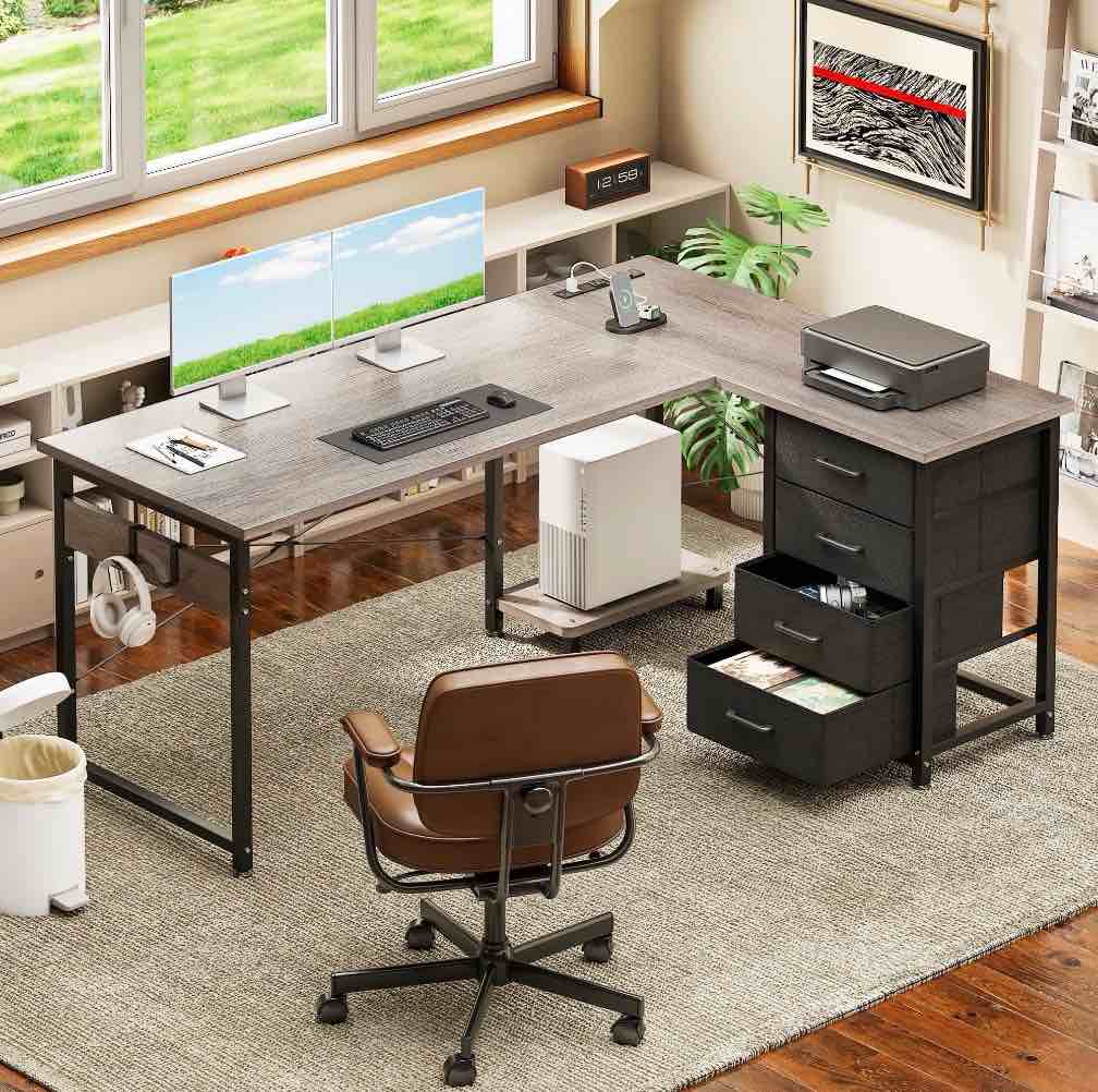 casacomoda l shaped computer desk with charging station, 53 inch pc table study desk 4 tier drawers, modern simple style laptop desk for bedroom, grey oak