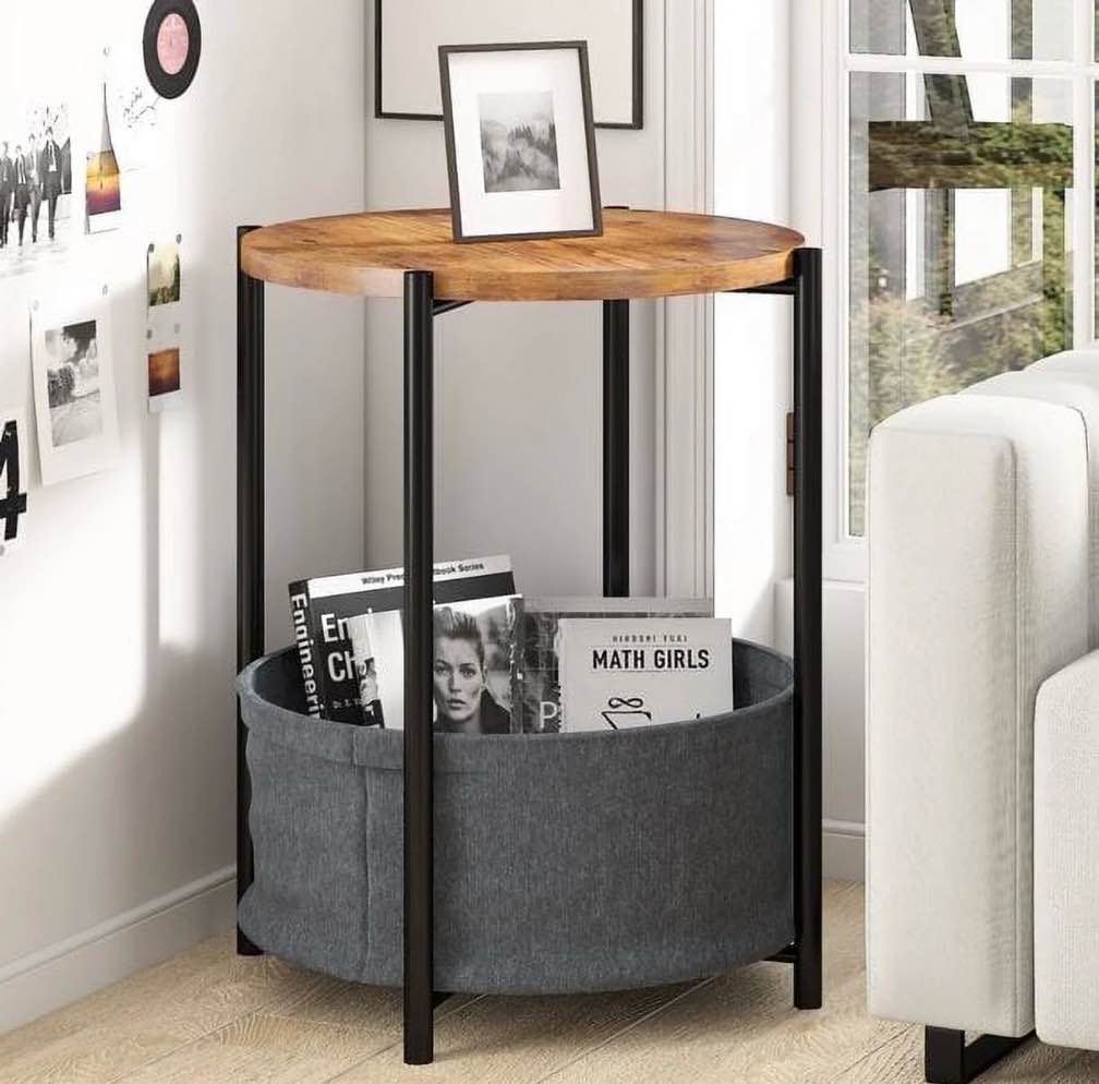small end table  24.5  round side table with fabric storage basket  bedside nightstand  dorm table coffee table with metal frame  sofa table for living room  accent table  wooden