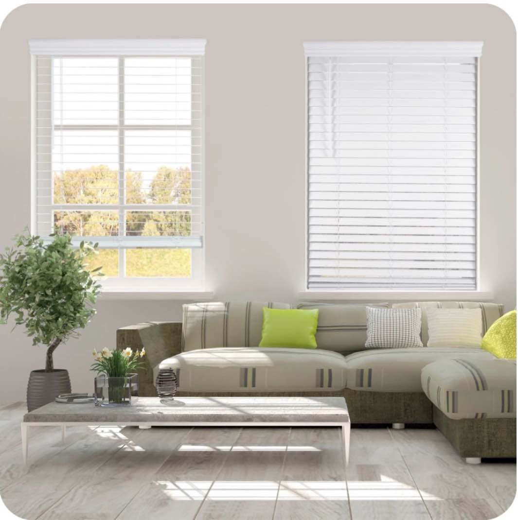 arlo blinds faux wood blind with crown valance - 30 w x 60 h white cordless 2” slat horizontal blind - for kitchen bedroom living room doors