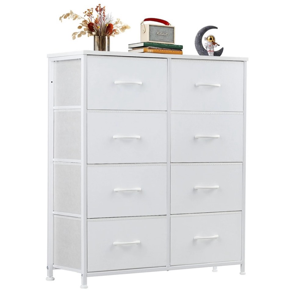 concetta 8-drawer fabric dresser, storage organizer cabinet for living room, bedroom, office, white