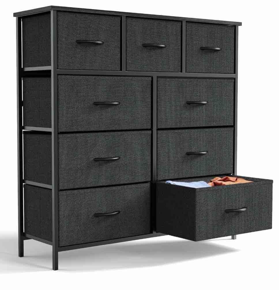 edx 9 drawer fabric dresser for bedroom, chest of drawer organizer storage cabinet for closet, entryway, black