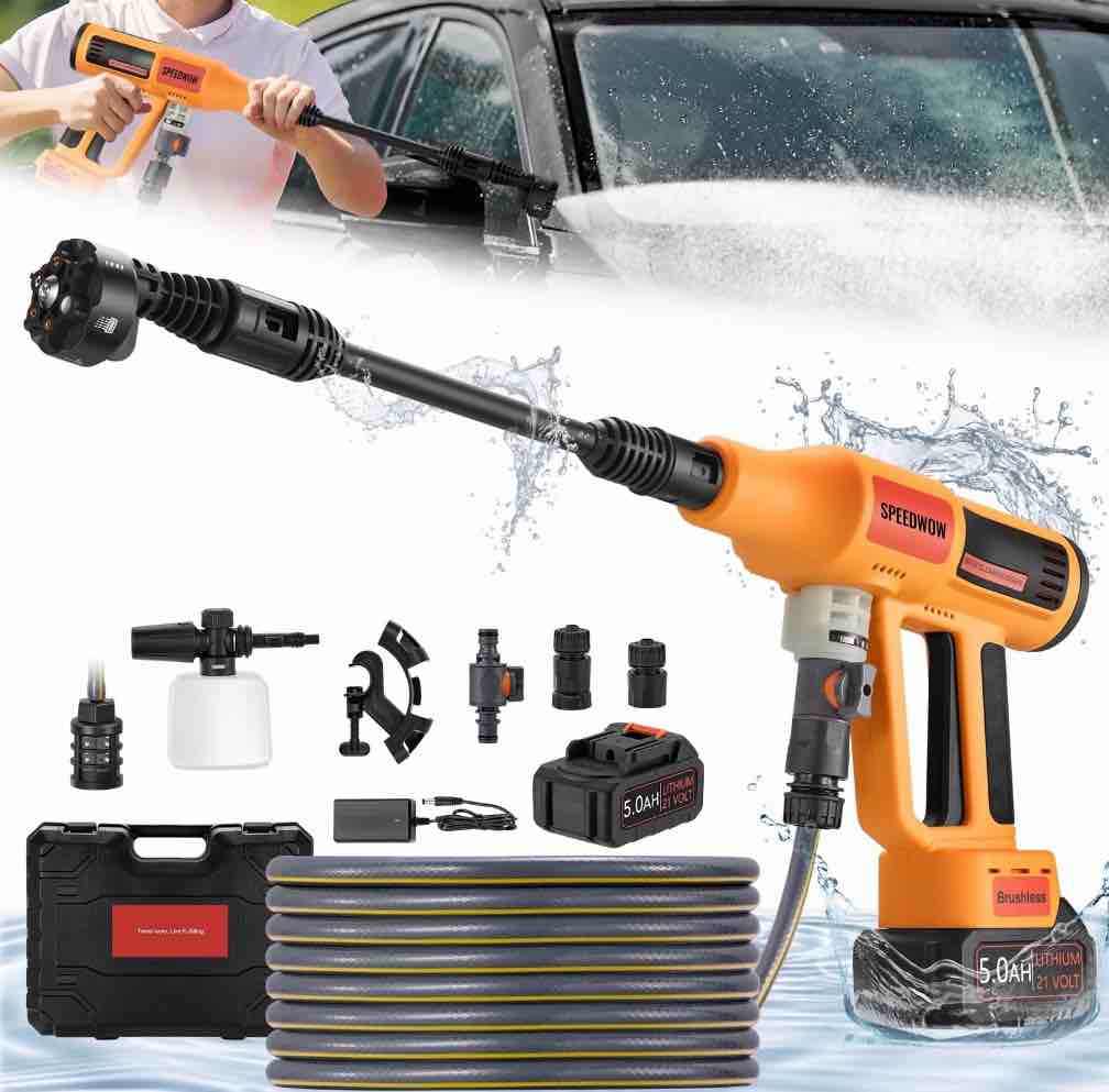 5.0ah battery-powered cordless pressure washer  1060 psi  4-speed adjustable  2.5 gpm output  6-in-1 nozzle. ideal for cars  patios  fences & furniture. connects to faucet