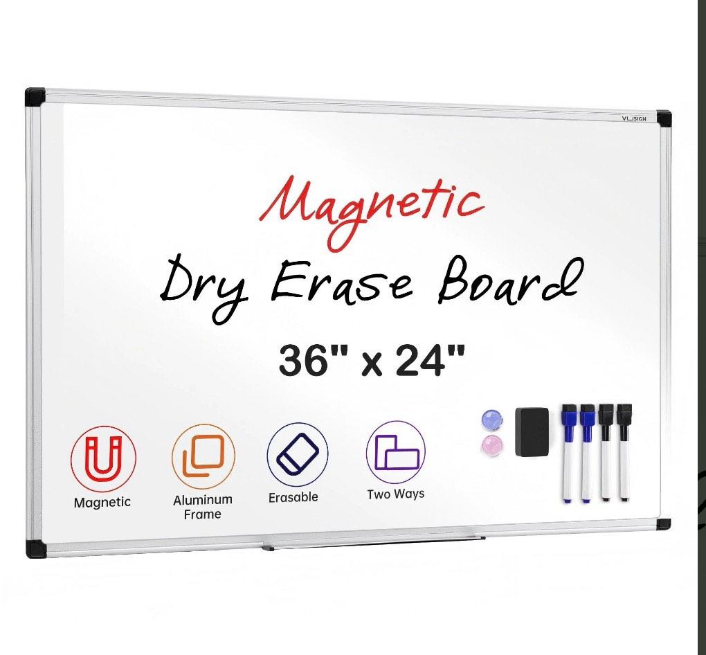 vusign magnetic whiteboard dry erase board, 36 x 24 inches, wall mounted white board with pen tray, silver aluminium frame 36" x 24"