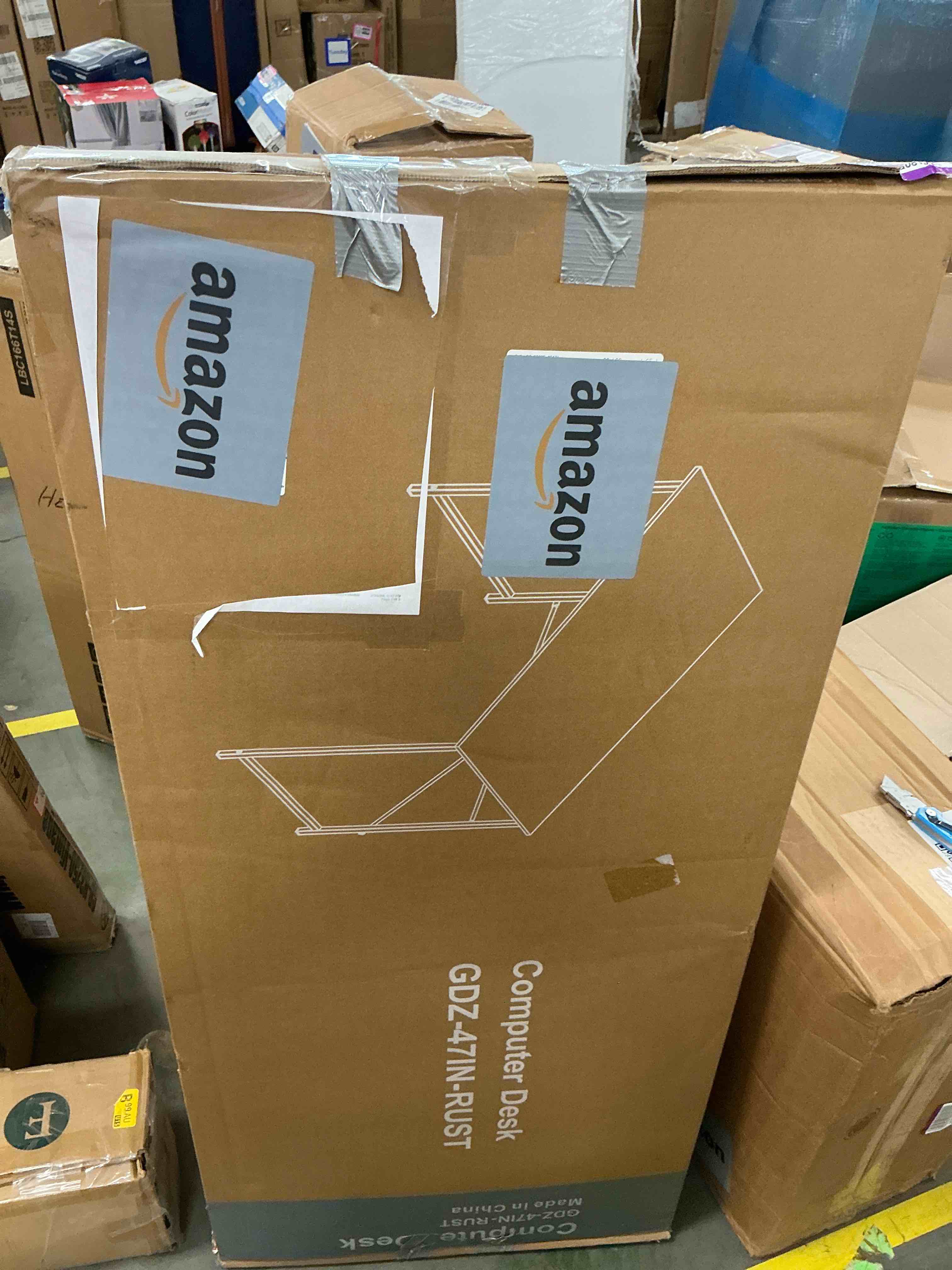 Condition photo showing Good Condition for dumos 47 inch small computer desk for home office, modern study work table simple style for bedroom, writinchg desks with x-shaped reinchforcement, wood brown 47 inch-1 pack wood brown