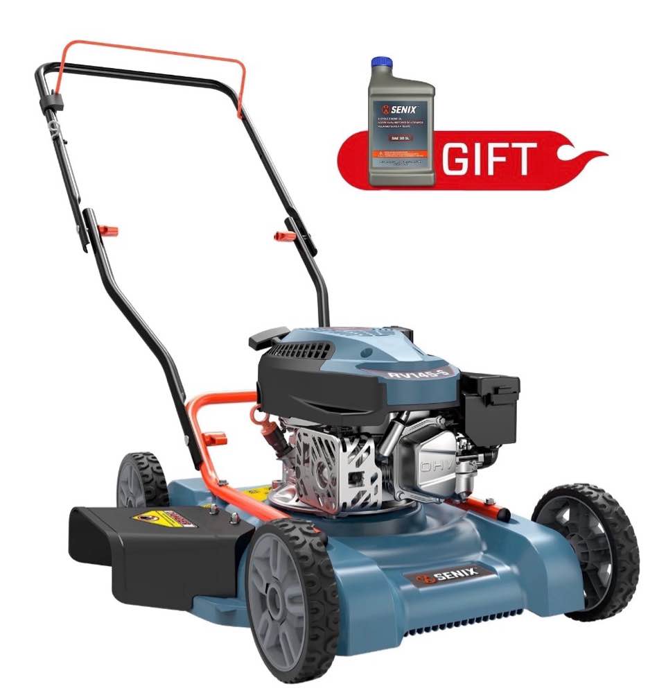 senix gas lawn mower  18in cutting blade / 19in cutting deck  144cc 4-cycle engine push mower with side discharge