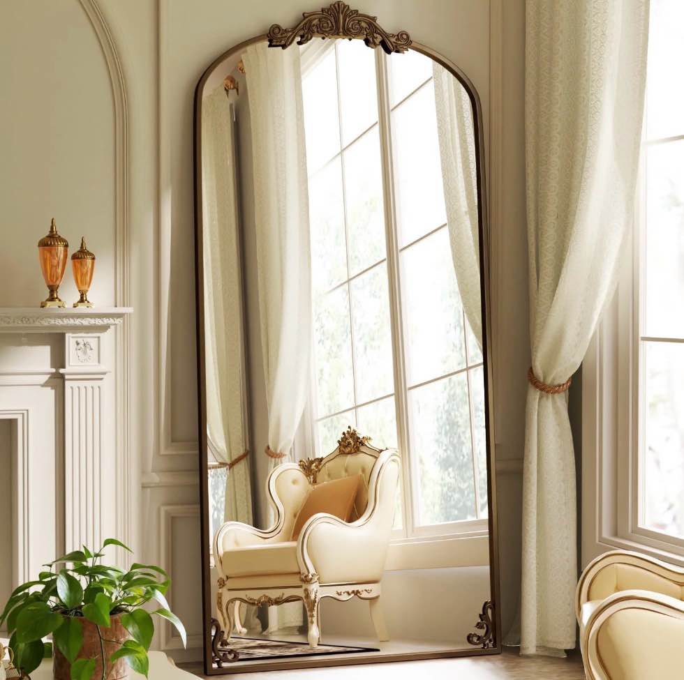 beautypeak 74"x32" full length mirror with baroque flower head design wall-mounted mirror,antique bronze