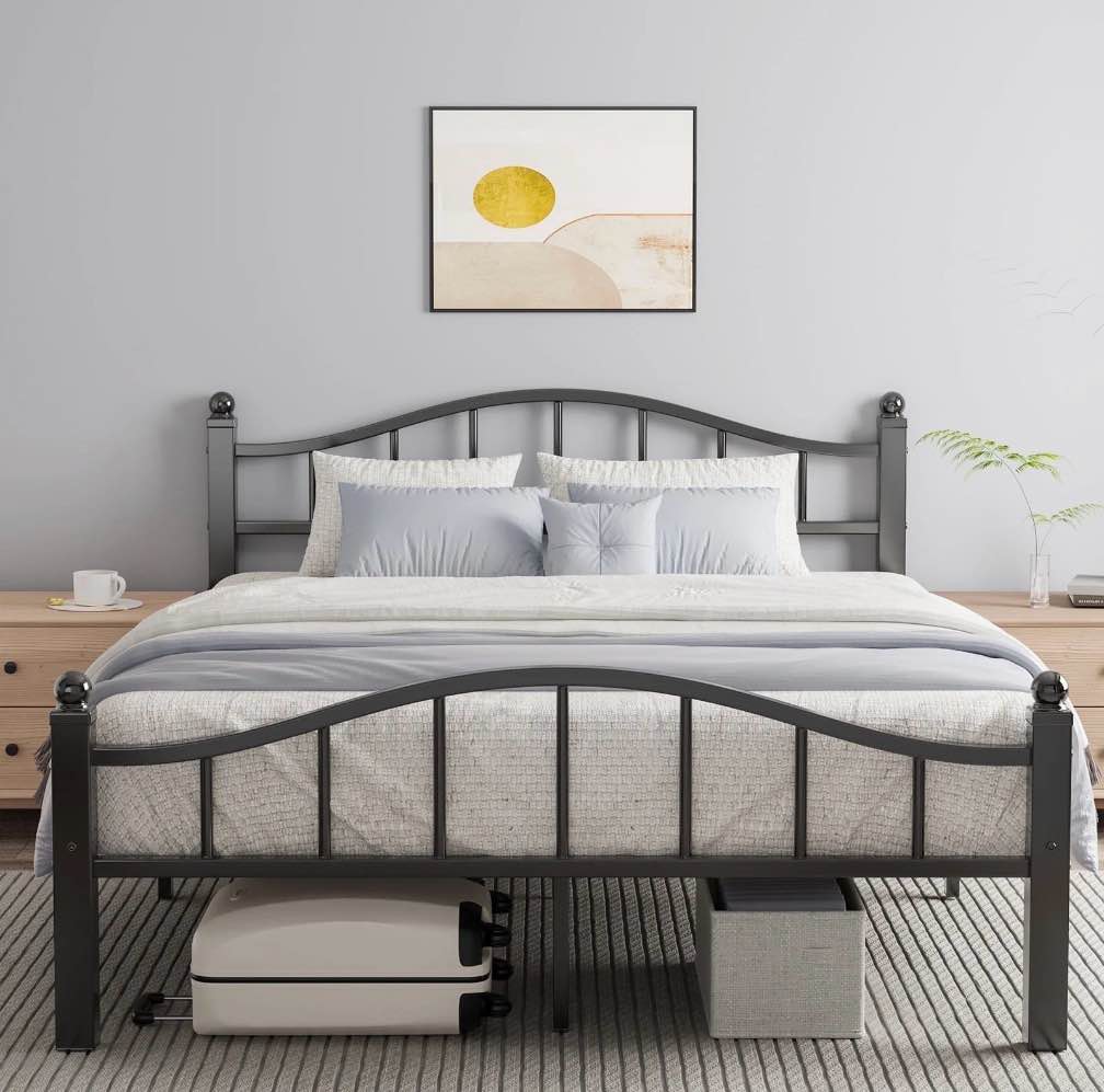 metal queen bed frame, noise-free design & underbed storage heavy duty queen size bed frames with headboard no box spring needed/tool-free assembly