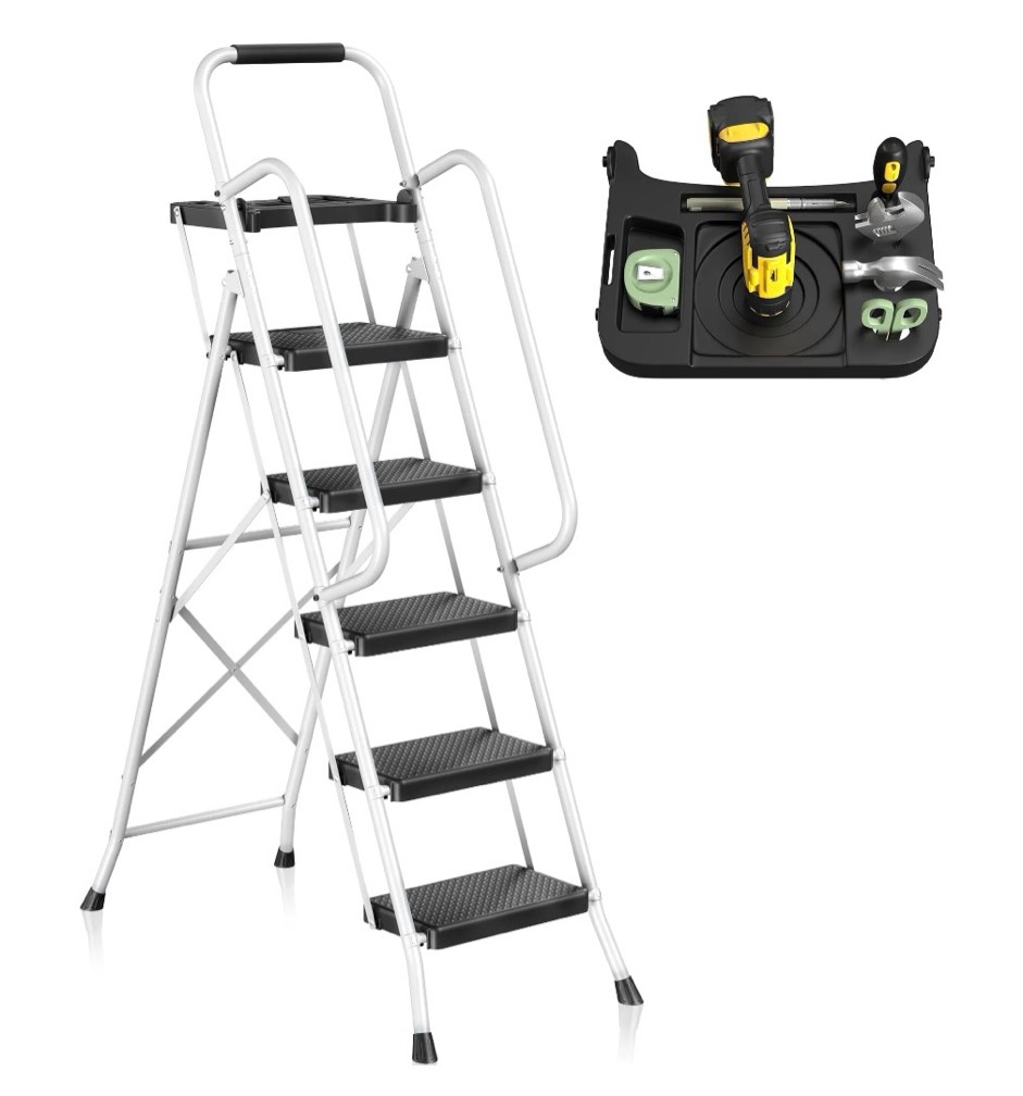 JOZ Folding 5-Step Ladder  800lbs  with Handrails and Tool Tray and Anti-Slip Pedal  White