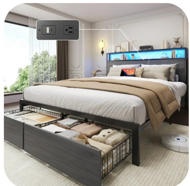 Fluest Queen Bed Frame with 2-Tier Storage Headboard, Metal Bed Frame with Storage Drawers & Built-in Charging Station & LED, Noise-Free, No Box Spring Needed, Easy Assembly, Rustic Grey