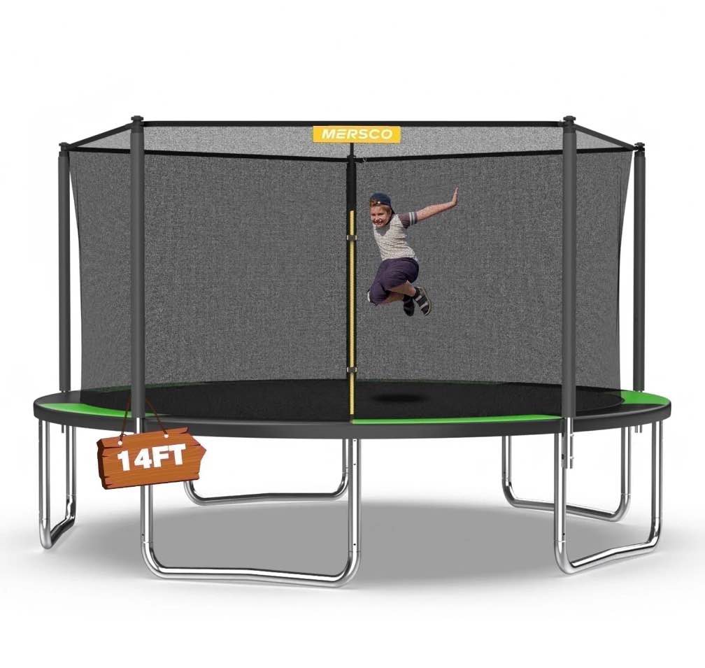 Mersco 14ft Trampoline PLAY Heavy Duty Outdoor Trampoline for Kids, Backyard Trampoline with Enclosure Net for Family Fun,Jumping Trampoline for Boys and Girls Birthday Gift,Green
