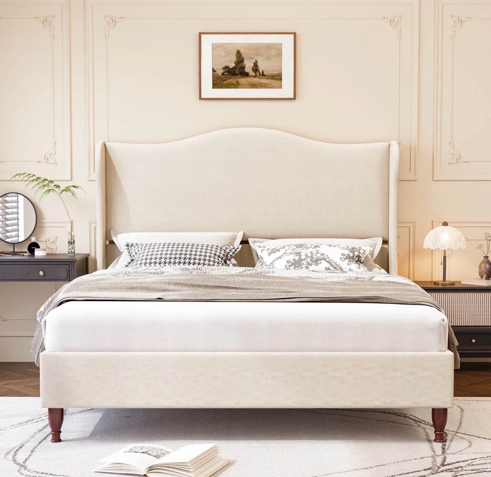 Neche Full Upholstered Platform Bed Frame - 51" Tall Curved Wingback, Soft Fabric, Retro Sleigh Style, No Box Spring Needed, Easy Assembly, Beige