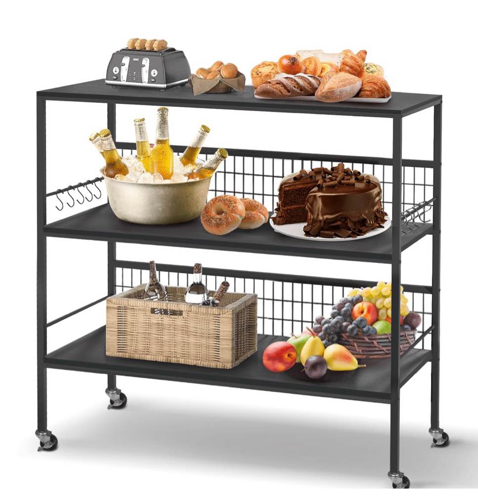 40" Rolling Kitchen Cart Island with Wheels and Storage Shelves, Copedvic 3-Tier Kitchen Bakers Rack Microwave Cart Oven Stand with 10 Hooks, Black