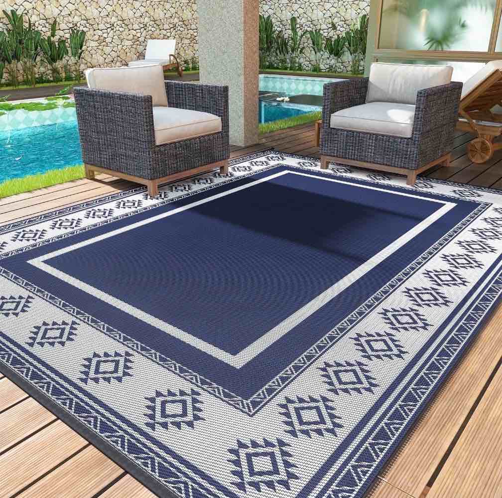 SIXHOME Outdoor Rug 8x10 Patio Rug Clearance Plastic Waterproof Outdoor Mat for Picnic RV Porch Camping Reversible Outside Rug Morocco Geometric Blue White