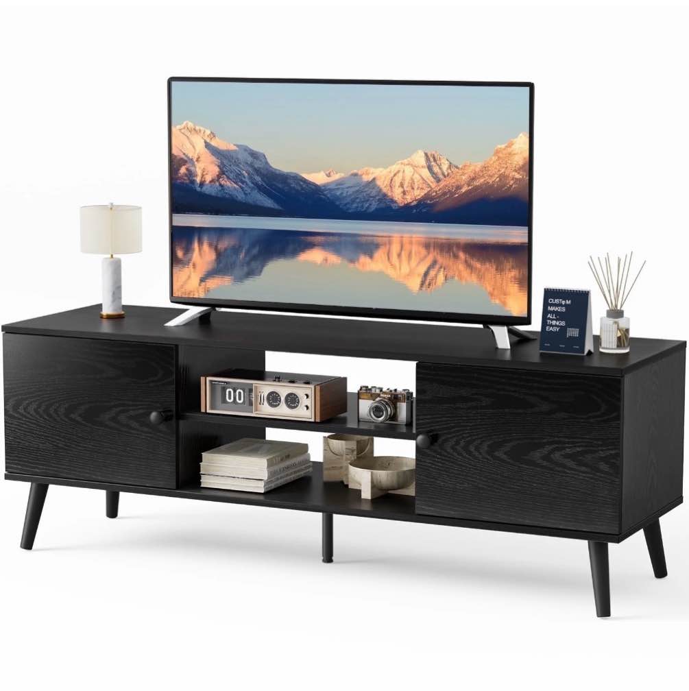edx modern tv stand for 55-60 inch tv, mid century entertainment centre, media console table with storage for living room, office, black
