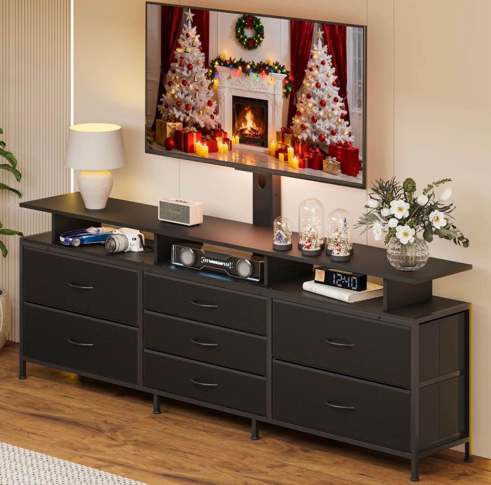 gunaito tv stand with adjustable mount for tv up to 75", big tv stand for living room with storage, black