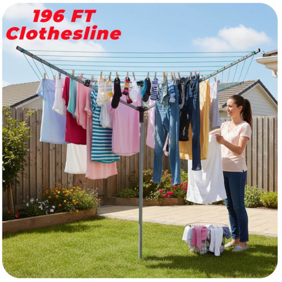 iajxwi 196ft umbrella drying rack, heavy-duty steel frame outdoor clothes lines, folding clothesline with adjustable height & 360°rotation outdoor