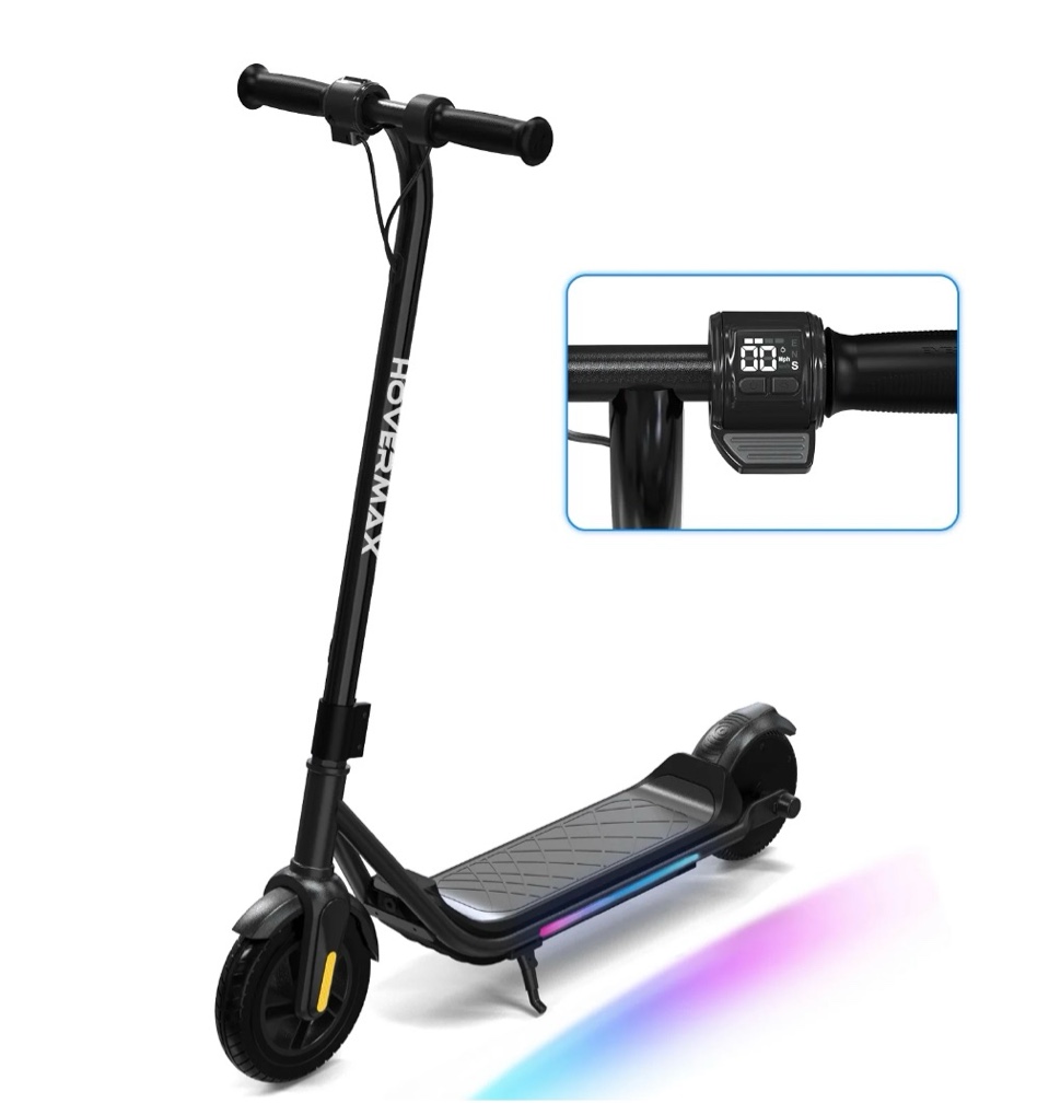 hovermax kids electric scooter - ages 6-12, 10mph, 9.3mi range w/ 7-color lights & 7" tires