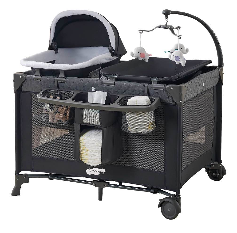 pamo babe 4-in-1 baby playard with bassinet & changing table for newborn,grey