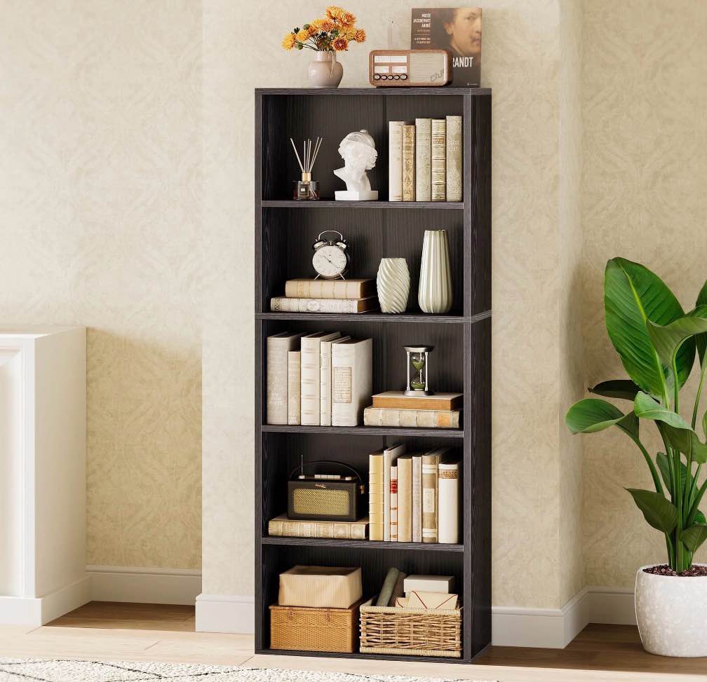 casacomoda tall bookcase, bookshelf, 5-tier display storage shelf, space-saving bookshelf for living room, bedroom, home office, black