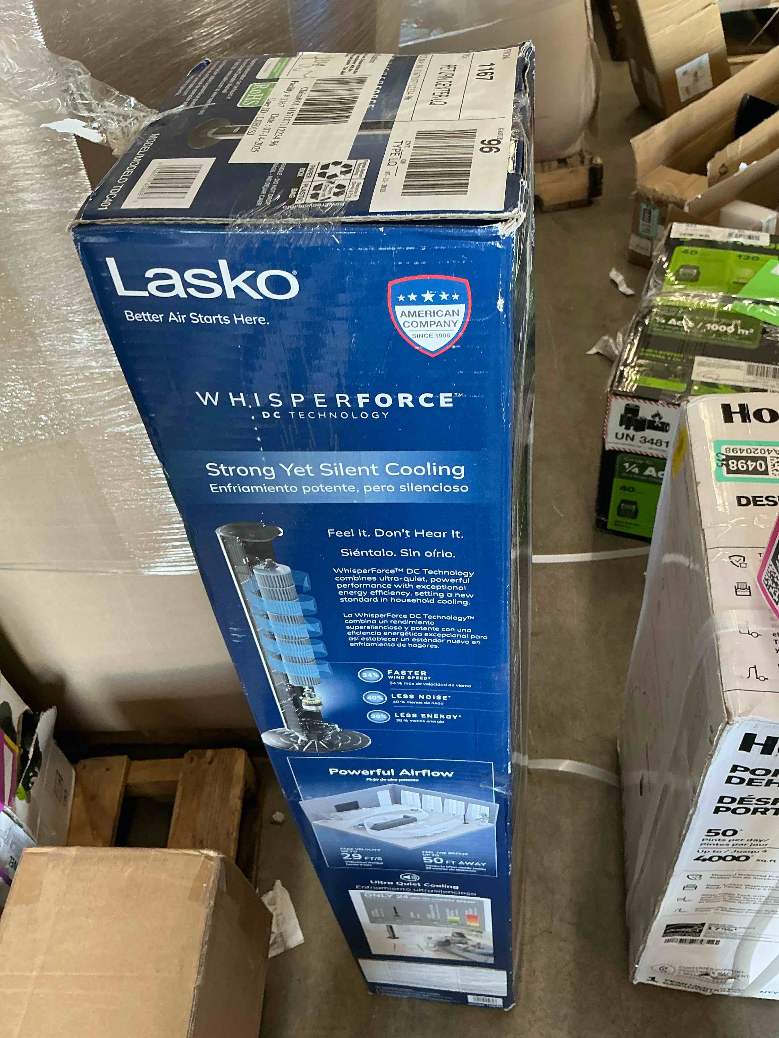 Condition photo showing New/Like New for lasko 40" oscillating tower fan with remote, 12-speed dc motor, black, tdc401