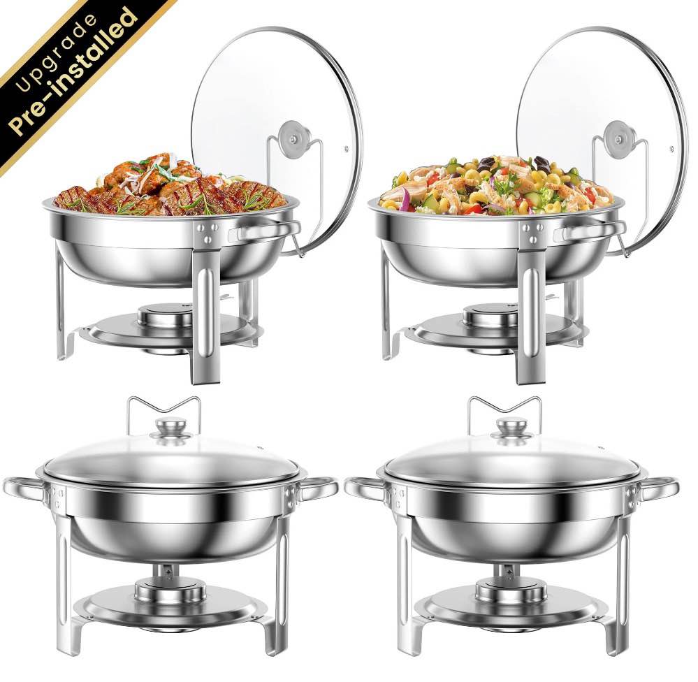 chafing dish buffet set 4 pack: tinana 5qt stainless steel chafing dishes for buffet with glass lid & lid holder  round chafers and buffet warmers sets for parties  events  wedding  camping  dinner