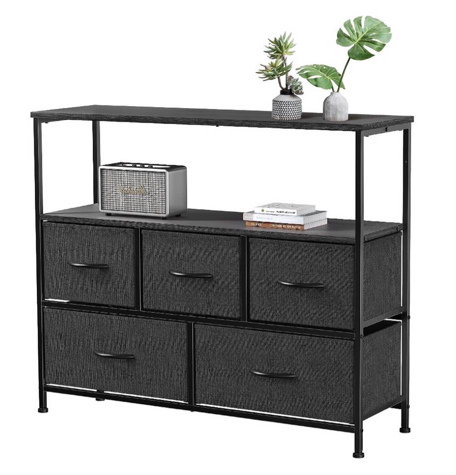 edx dresser tv stand, entertainment center with fabric drawers, media console table with open shelves for tv up to 45 inch for bedroom, living room, entryway, black
