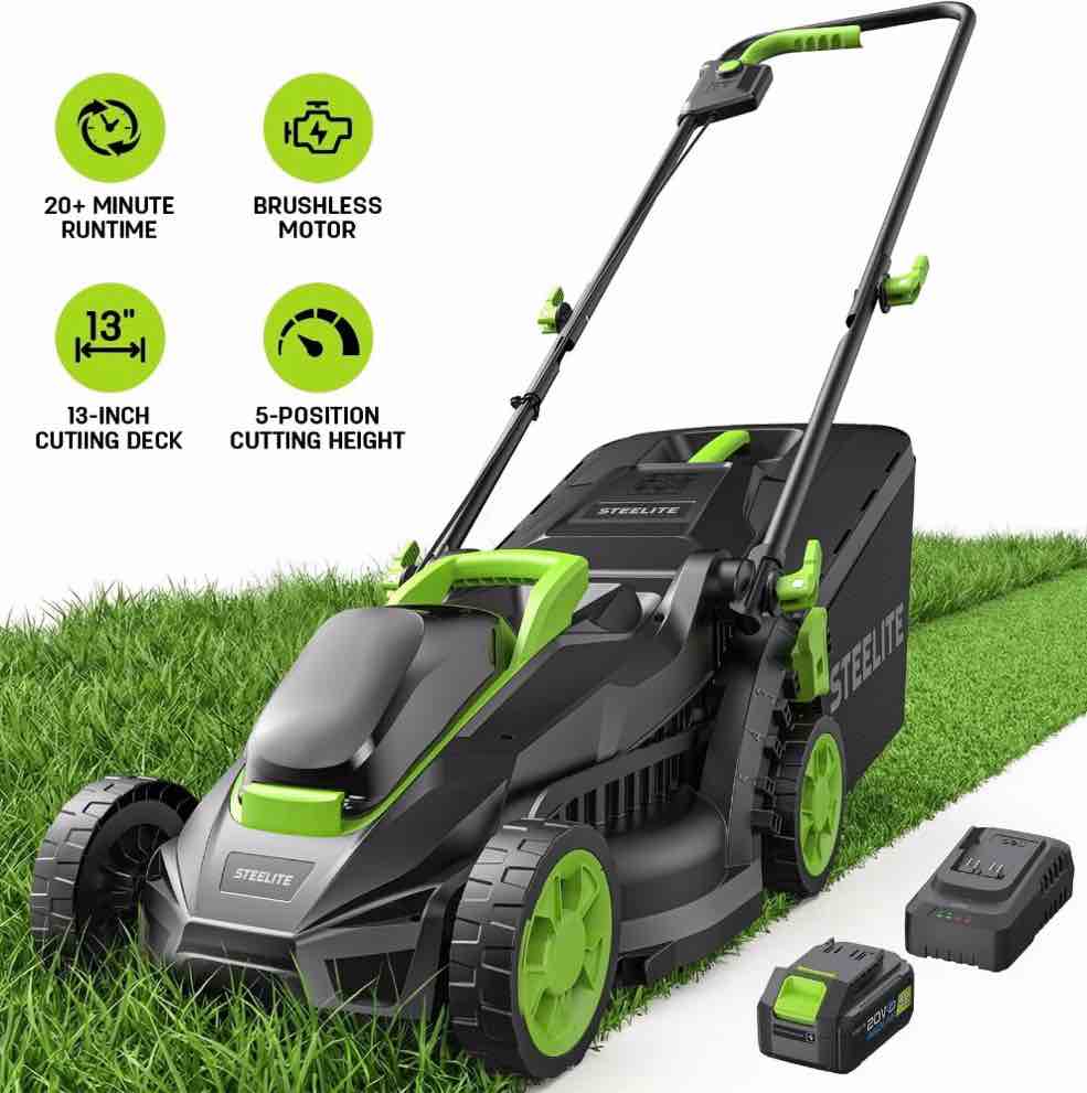 Steelite 13-Inch Cordless Lawn Mower, 21v Electric Lawn Mowers With Brushless Motor For Garden,5 Heights Adjustment, 4.0ah Battery & Charger Included