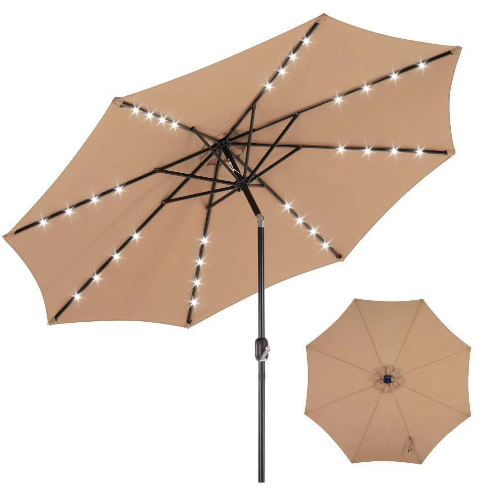 edx 10ft solar 32 led lights patio umbrella with tilt adjustment and uv-resistant polyester fabric?market umbrella for outdoor, khaki