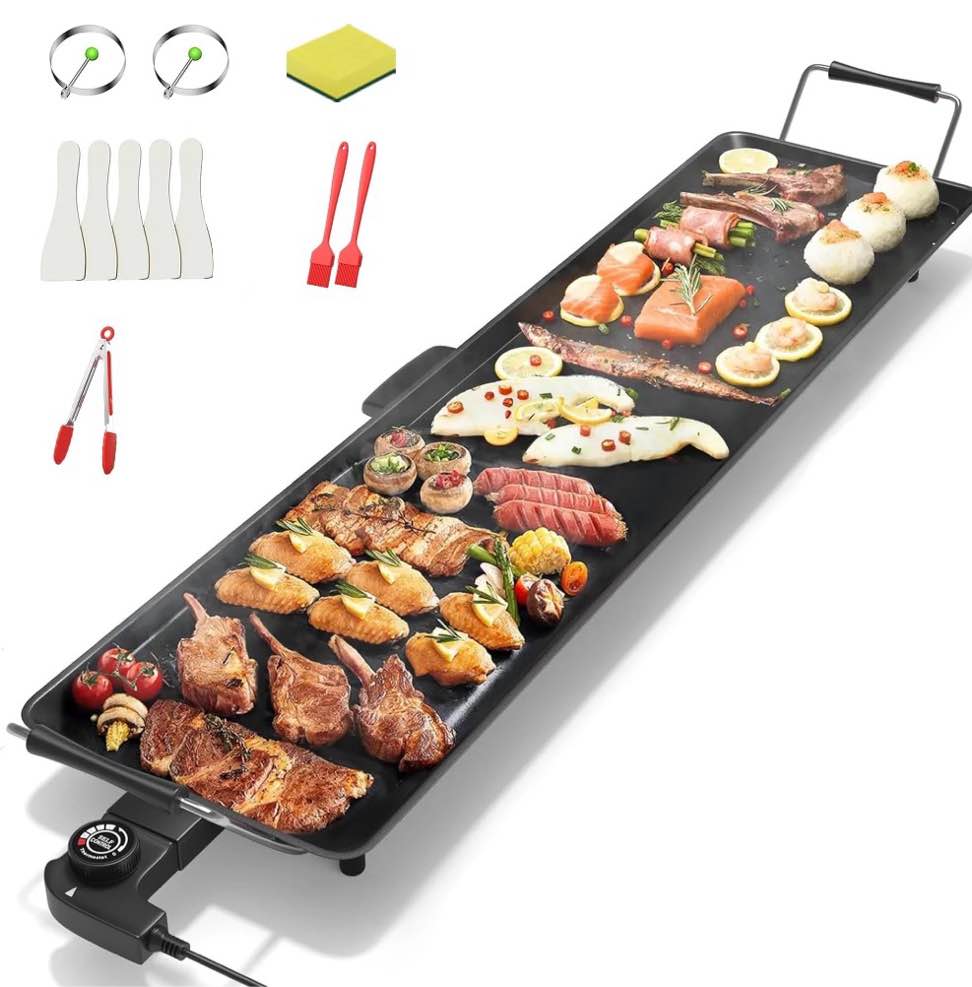 aoran 35" electric griddle teppanyaki grill, nonstick extra large griddle long countertop grill with adjustable temperature & drip tray, easy-to-clean bbq pancake griddle for indoor & outdoor cooking