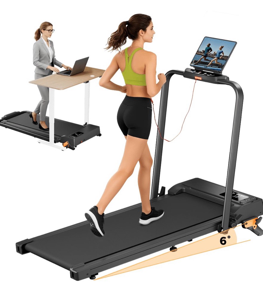 folding treadmill with incline, 2 in 1 portable walking pad with handle bar for home and office, 2.5 hp quiet walking jogging running machine with remote control, led display