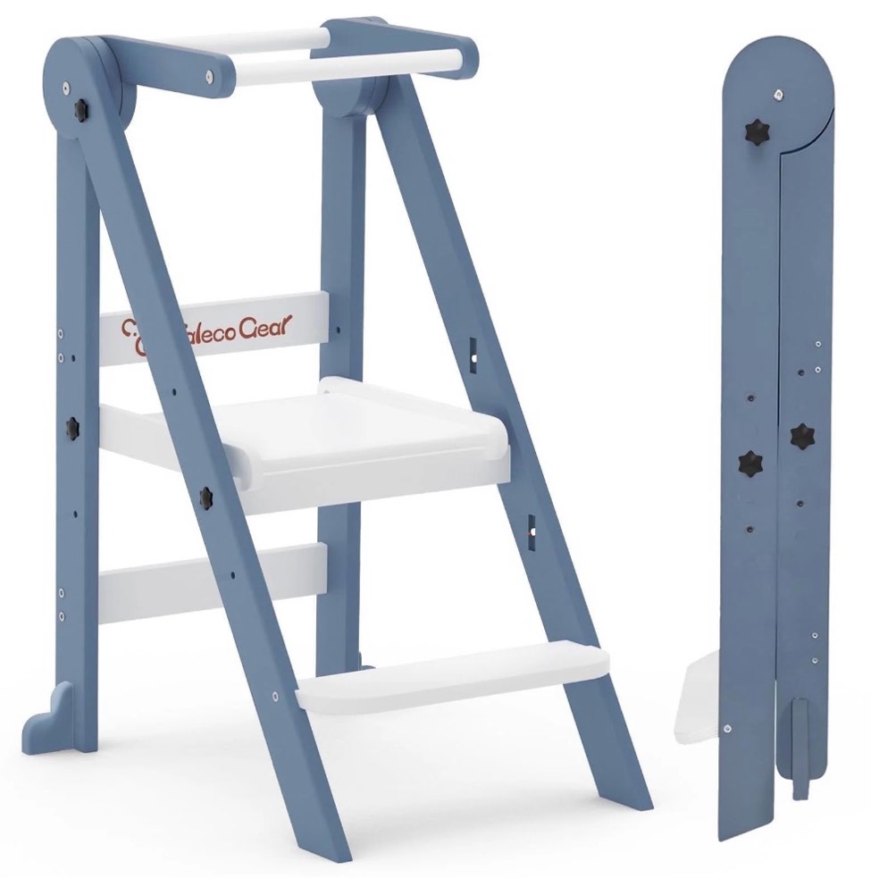 g taleco gear foldable toddler tower, kitchen kids step stool helper, standing tower with 3 adjustable heights, gray&white
