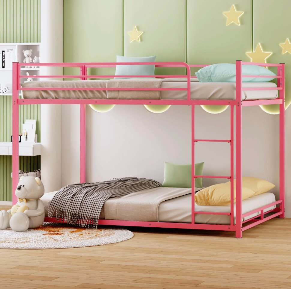 zimtown full-over-full bunk bed, low profile junior bunk bed frame, pink