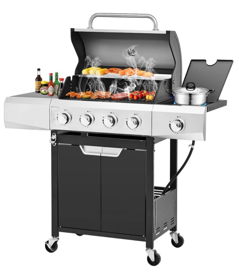 segmart 4 burner bbq propane gas grill with side burner  stainless steel 50 000 btu patio barbecue grill with shelf  gas tank hook  towel rack & bottle opener  fits for camping  outdoor cooking