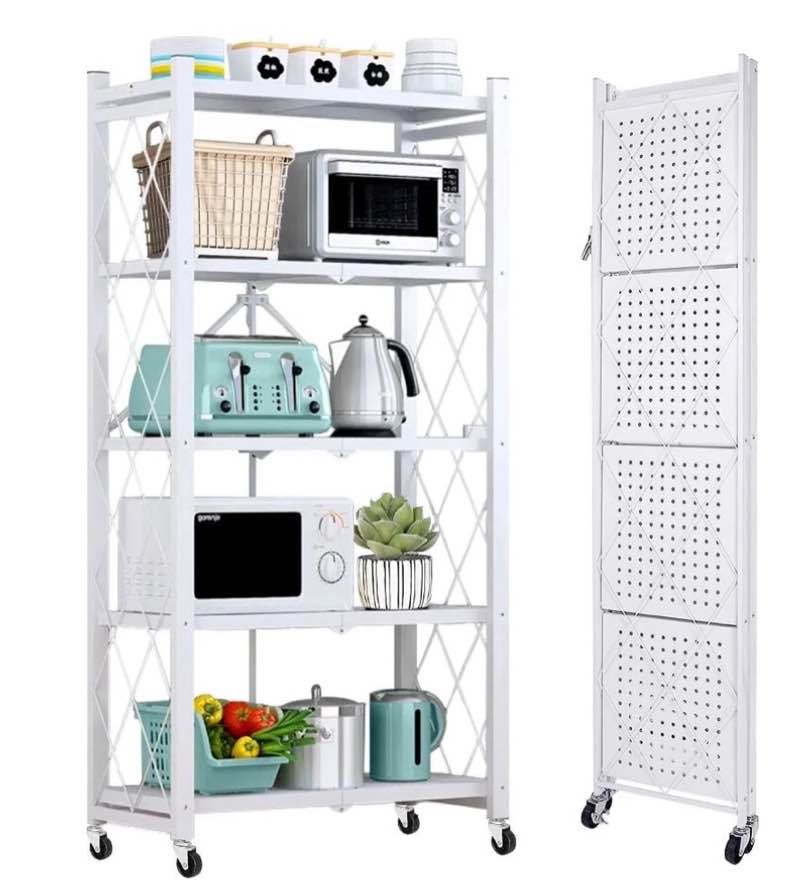 cookcok 5-tier storage shelving unit  metal shelf 27.9 x13.4 x62.5  foldable storage shelf with wheels  garage shelf  metal storage rack  kitchen shelf with 4 hooks  no assemble require  white