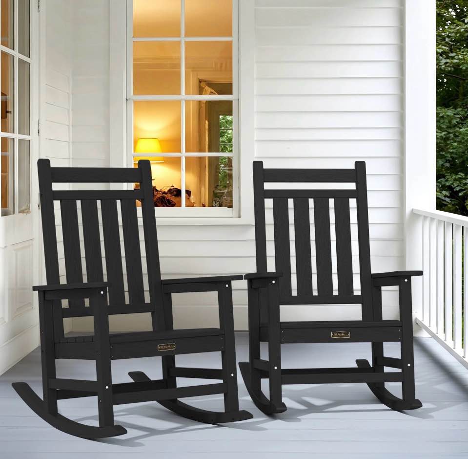 serwall outdoor rocking chair set of 2, hdpe patio rocker for lawn, porch, black