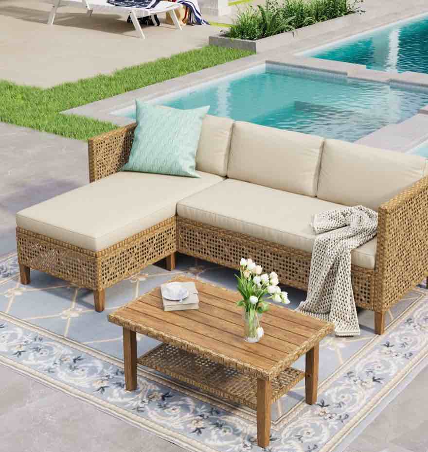 alpha joy 3 pieces wicker patio furniture conversation set boho style outdoor sofa with wood coffee table