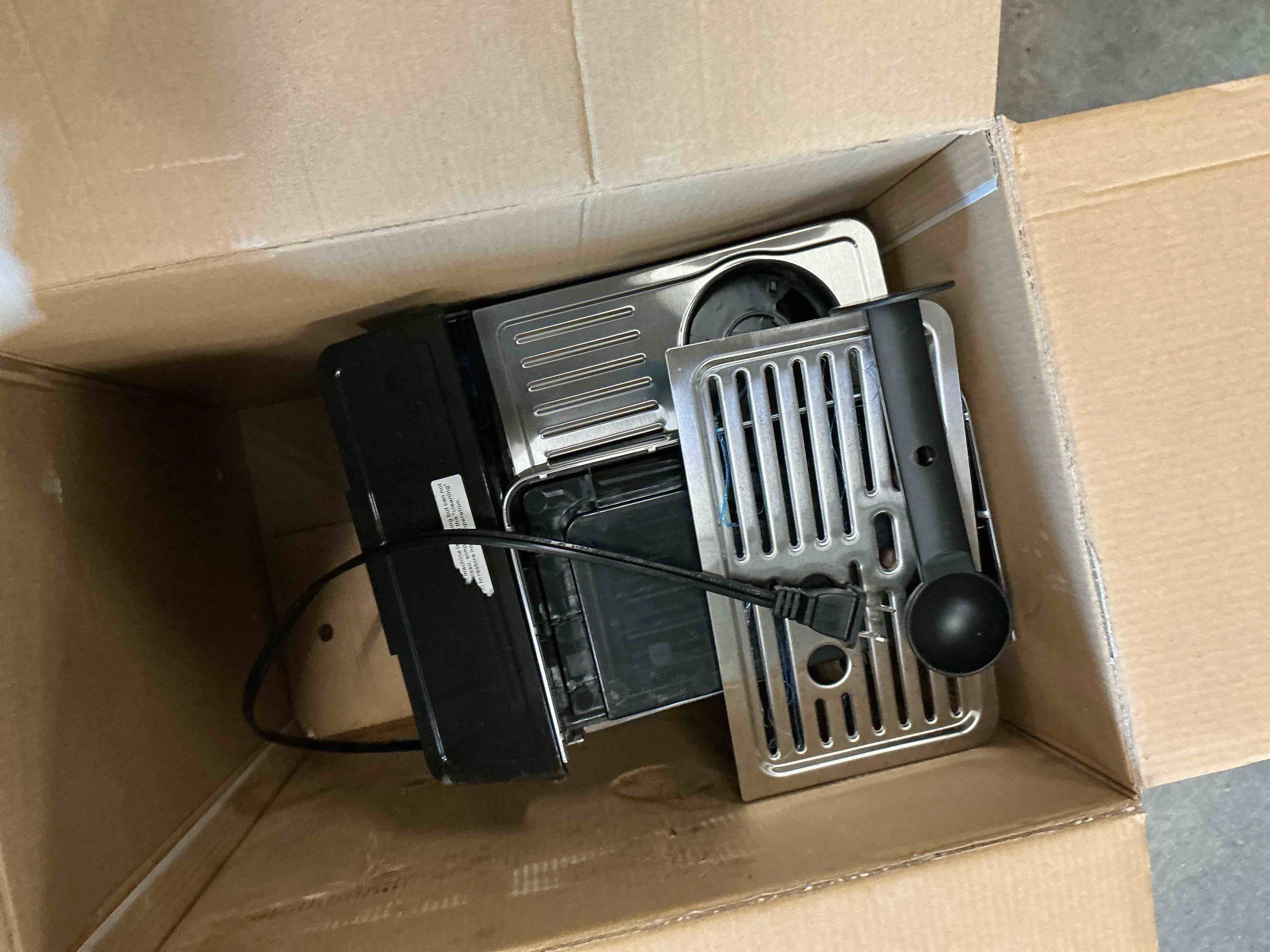 Condition photo showing As Is for airmsen espresso machine with grinder, espresso coffee machine with customized grind amount & coffee volume, cold brew coffee maker for cappuccino latte americano, brushed stainless steel