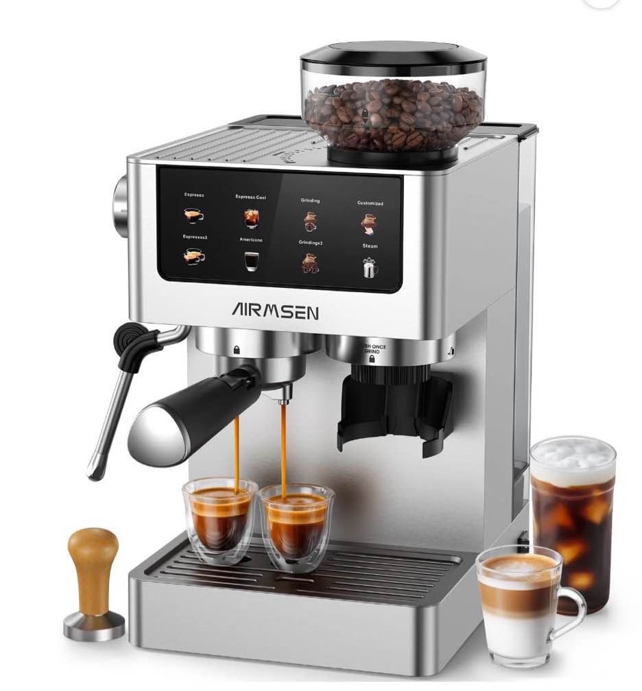 airmsen espresso machine with grinder, espresso coffee machine with customized grind amount & coffee volume, cold brew coffee maker for cappuccino latte americano, brushed stainless steel