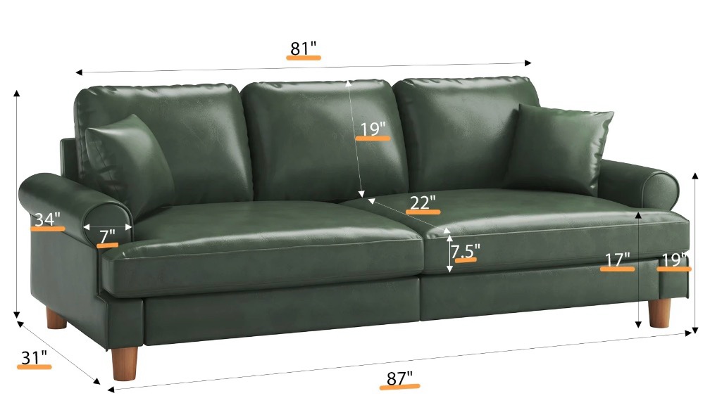 Condition photo showing Good Condition for 87" couch premium pu leather sofa, comfy extra deep seat 3 seater couch for living room, with 2 pillows, green