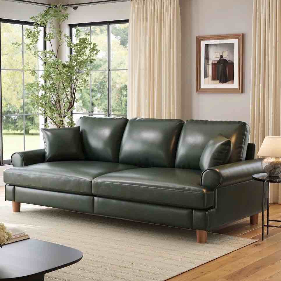 87" couch premium pu leather sofa, comfy extra deep seat 3 seater couch for living room, with 2 pillows, green