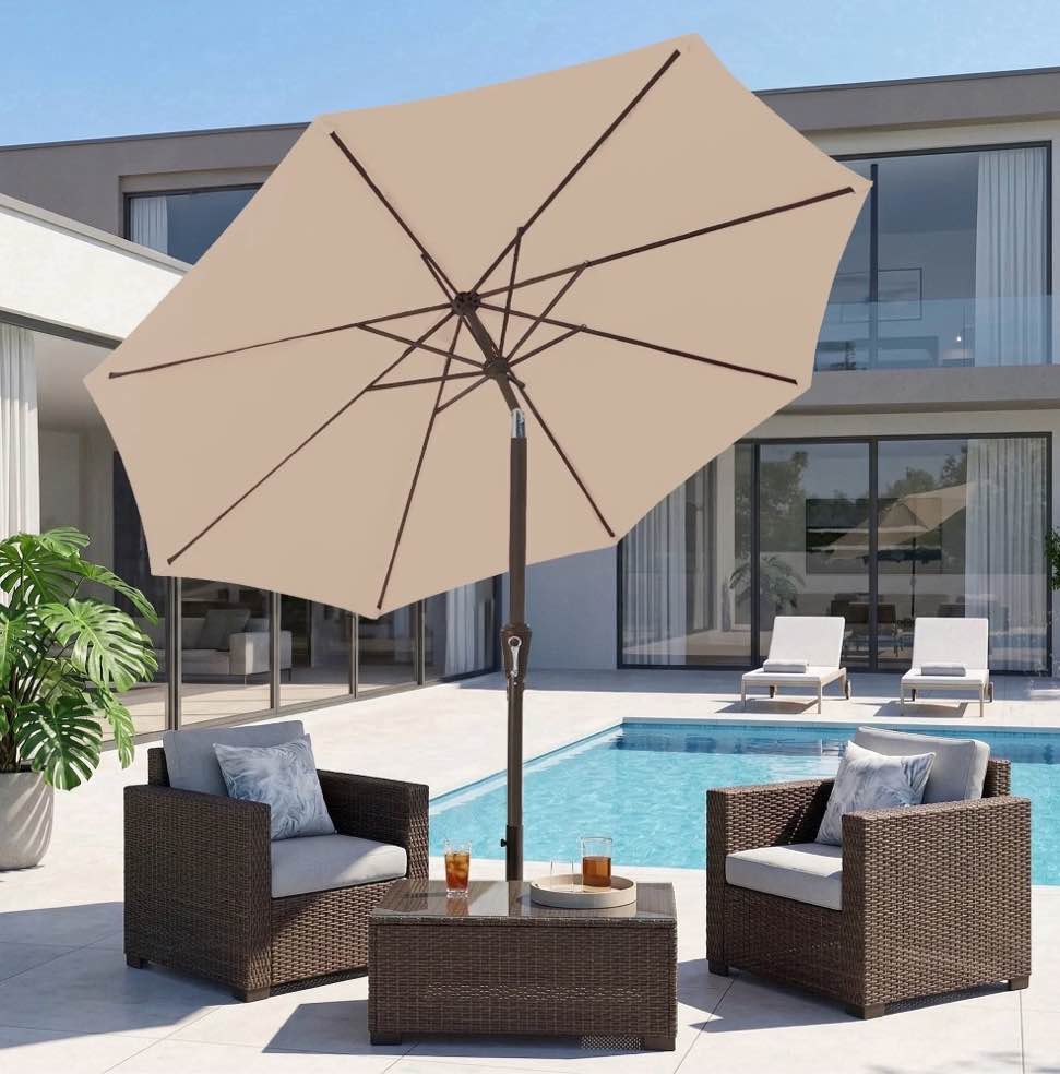napwant 9ft patio umbrella, 8 sturdy ribs outdoor table umbrella with push-button tilt & crank for garden, deck, and pool beige