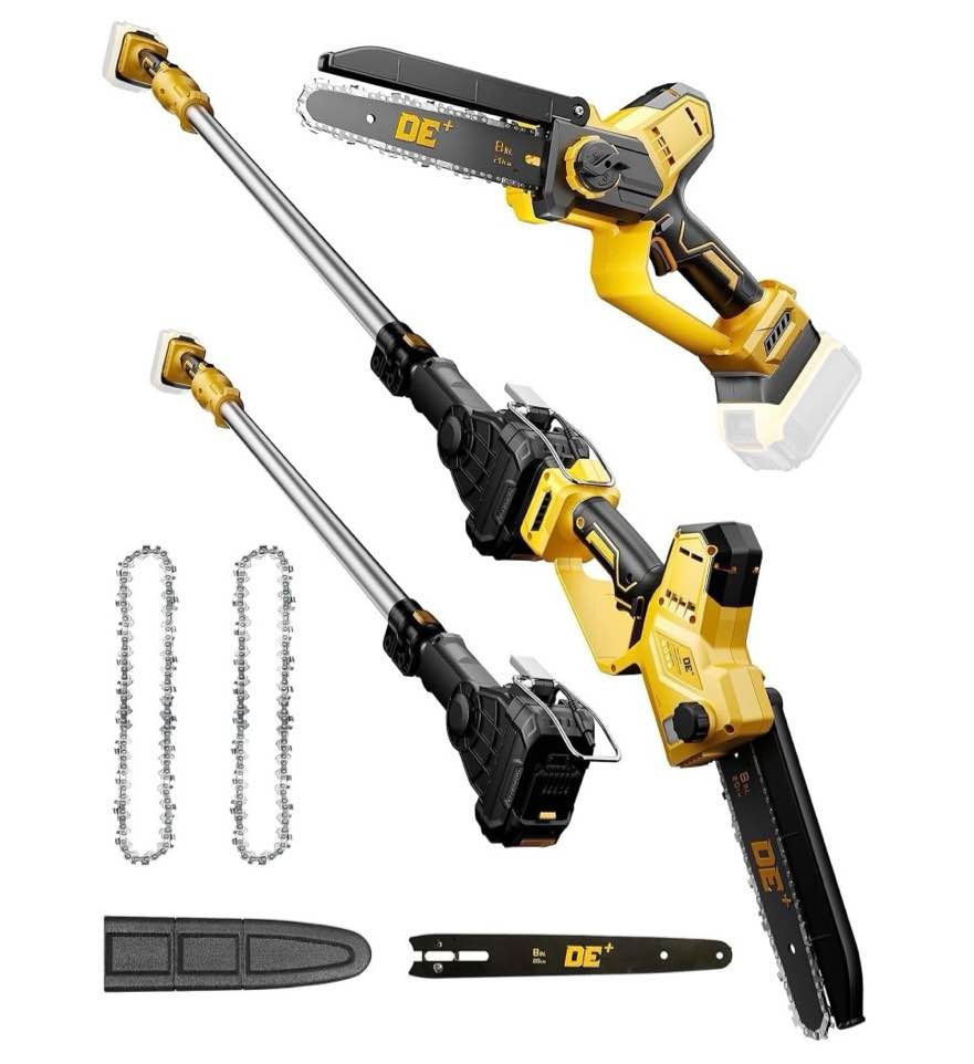 2-in-1 cordless pole saw for dewalt 20v max battery, brushless 8” mini chainsaw for tree trimming, 16 ft maximum reach with extension pole (tool only)