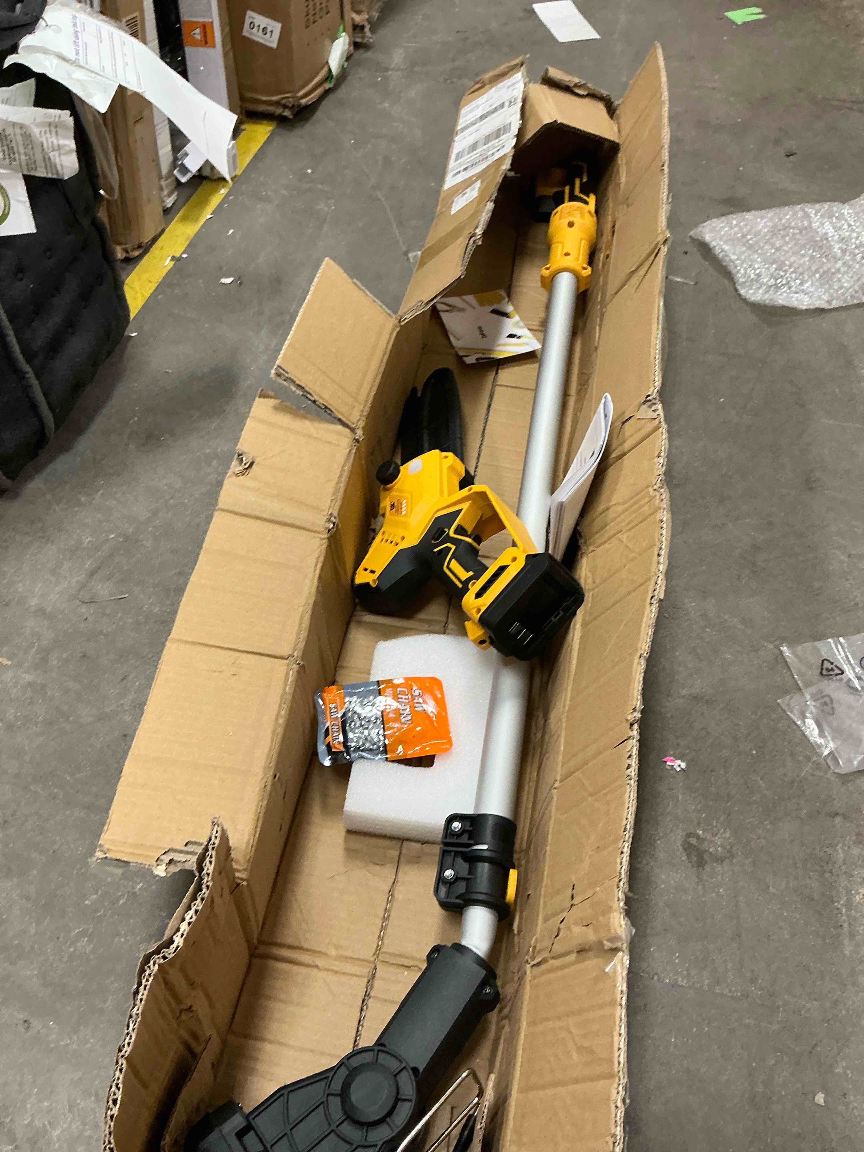 Condition photo showing As Is for 2-in-1 cordless pole saw for dewalt 20v max battery, brushless 8” mini chainsaw for tree trimming, 16 ft maximum reach with extension pole (tool only)