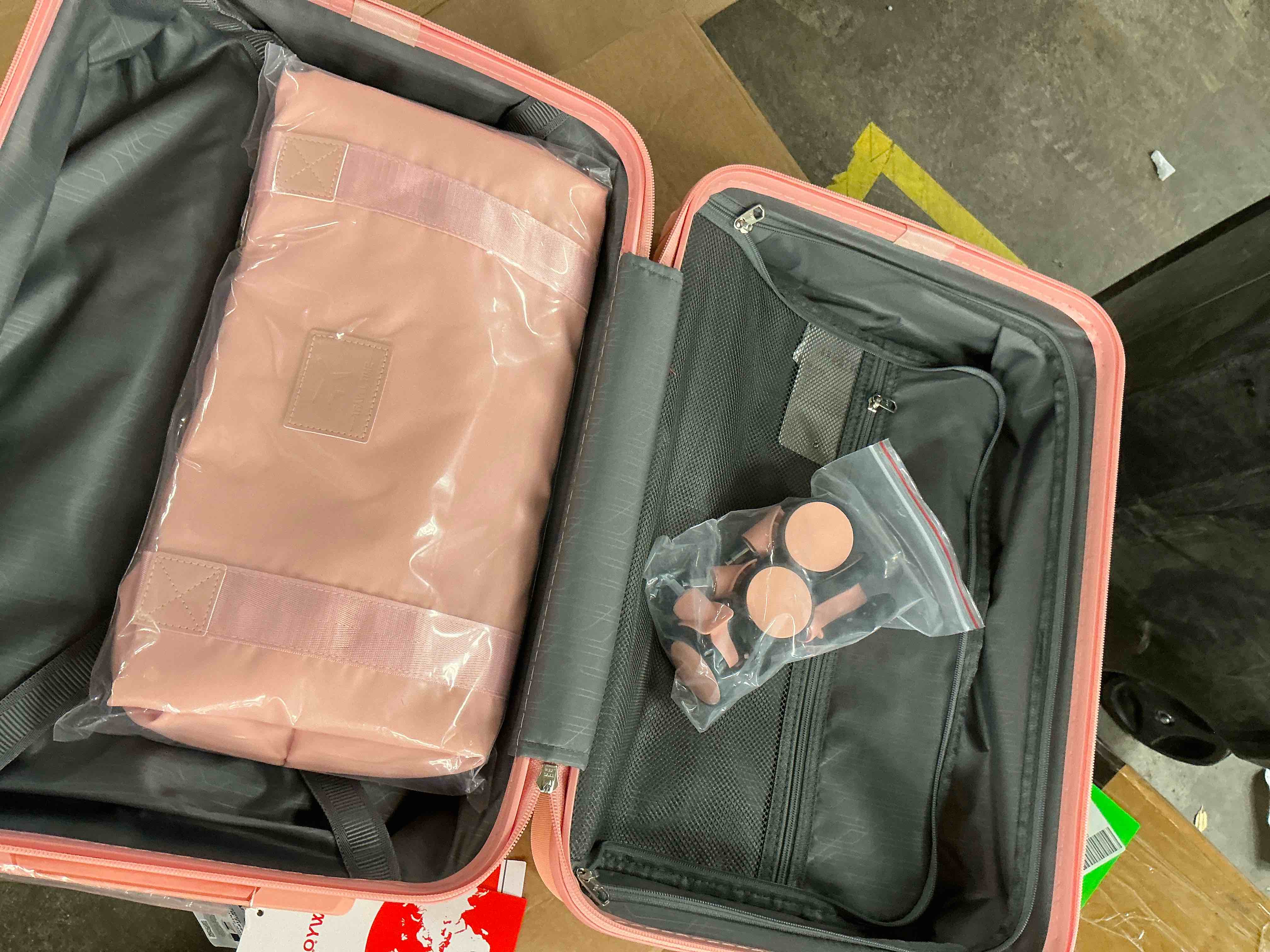 Condition photo showing Good Condition for joyway 3-piece luggage set 20-inch carry-on suitcase with spinner wheels tsa lock travel duffel bag and toiletry bag hardside lightweight luggage pink